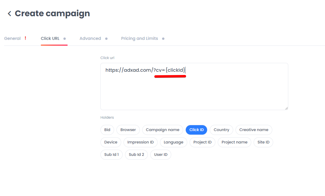 {clickid} token should be added to your click url in the ADxAD campaign settings: